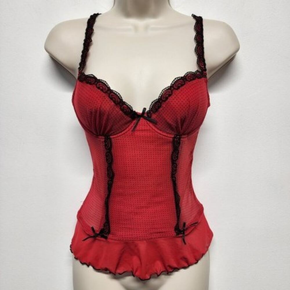 Oh La La Chéri Corset Bustier Top 32C Red Black Bows Lace Polkadot Goth Vamp Y2K